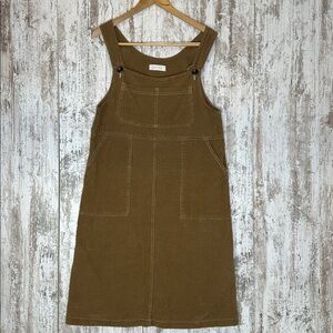 Olive Corduroy Overall Mini Dress Brown Pinafore Sleeveless Pocket Size S
